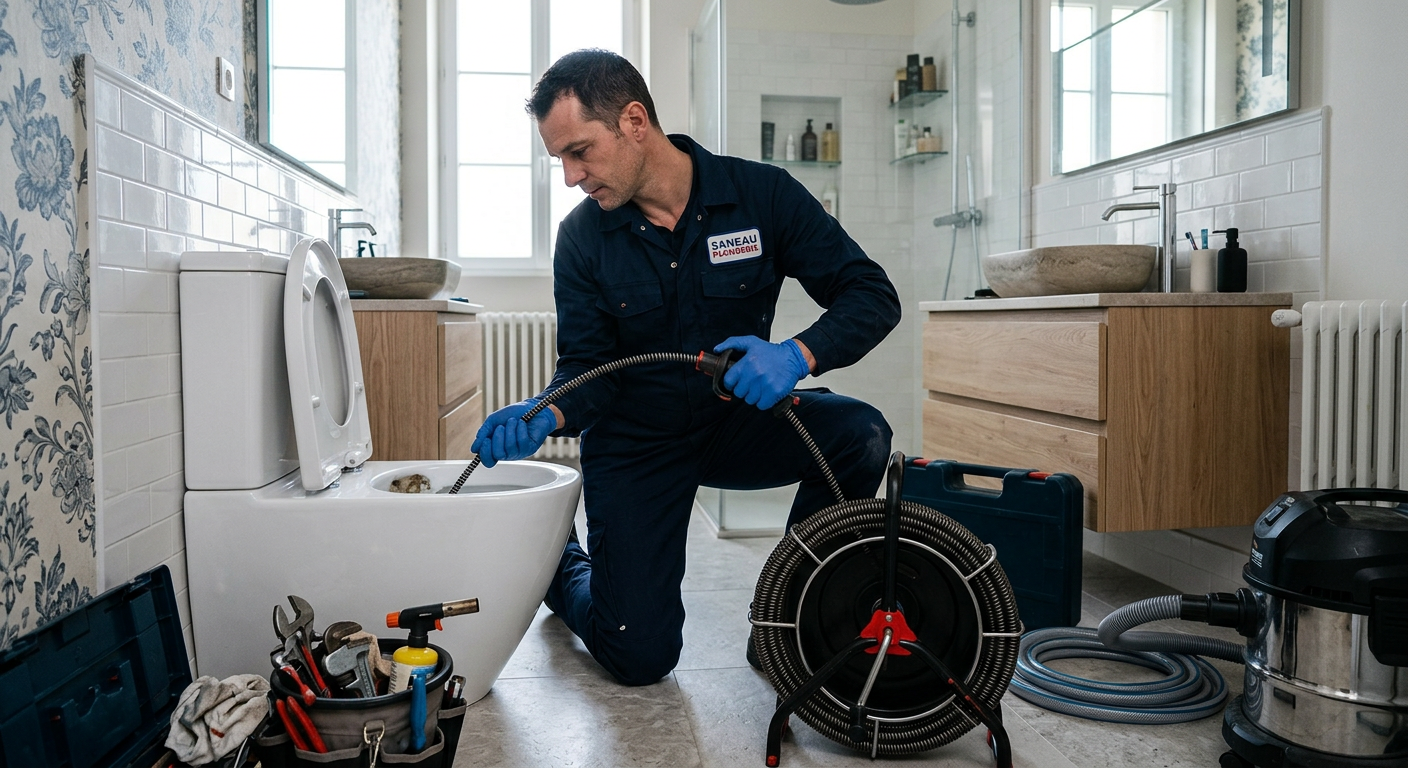 Plombier débouchant des WC avec un furet électrique à Vélizy-Villacoublay
